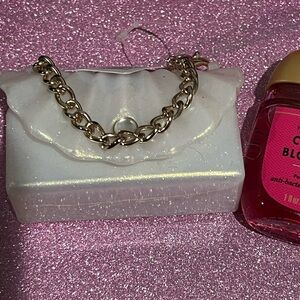 White Pearlized Mini Purse Hand Sanitizer Holder with Gold Chain